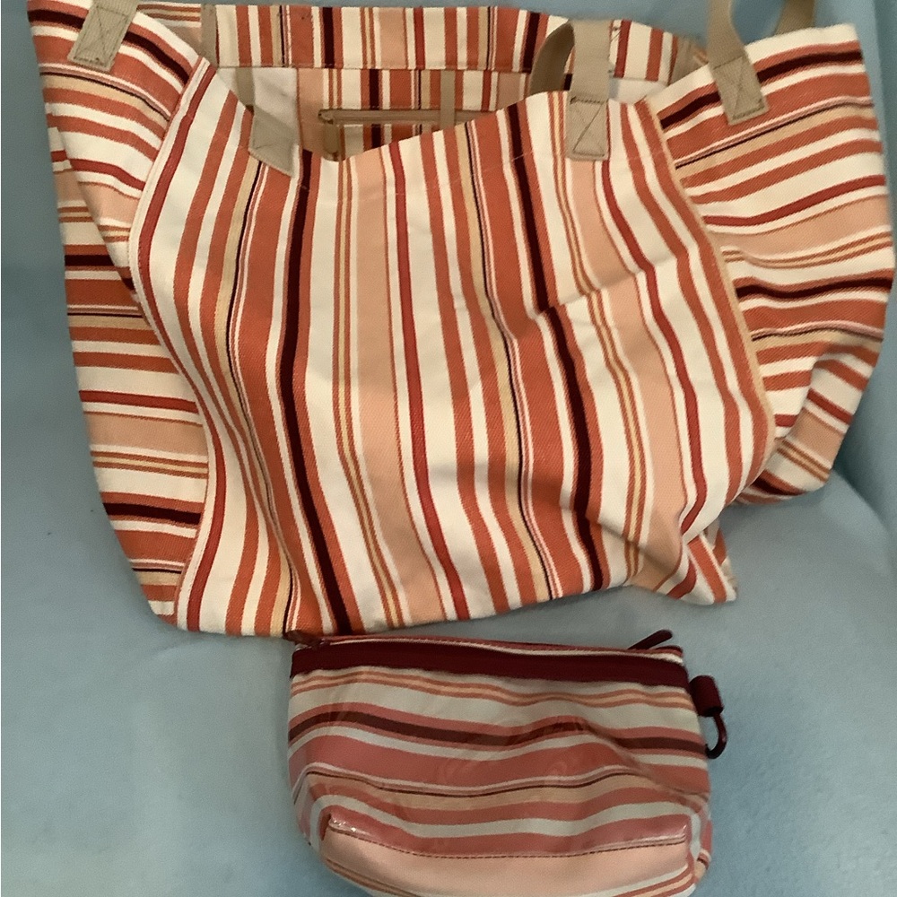 Thirty One New Horizon Tote & Clear Clip Pouch in Sedona Stripe NWT